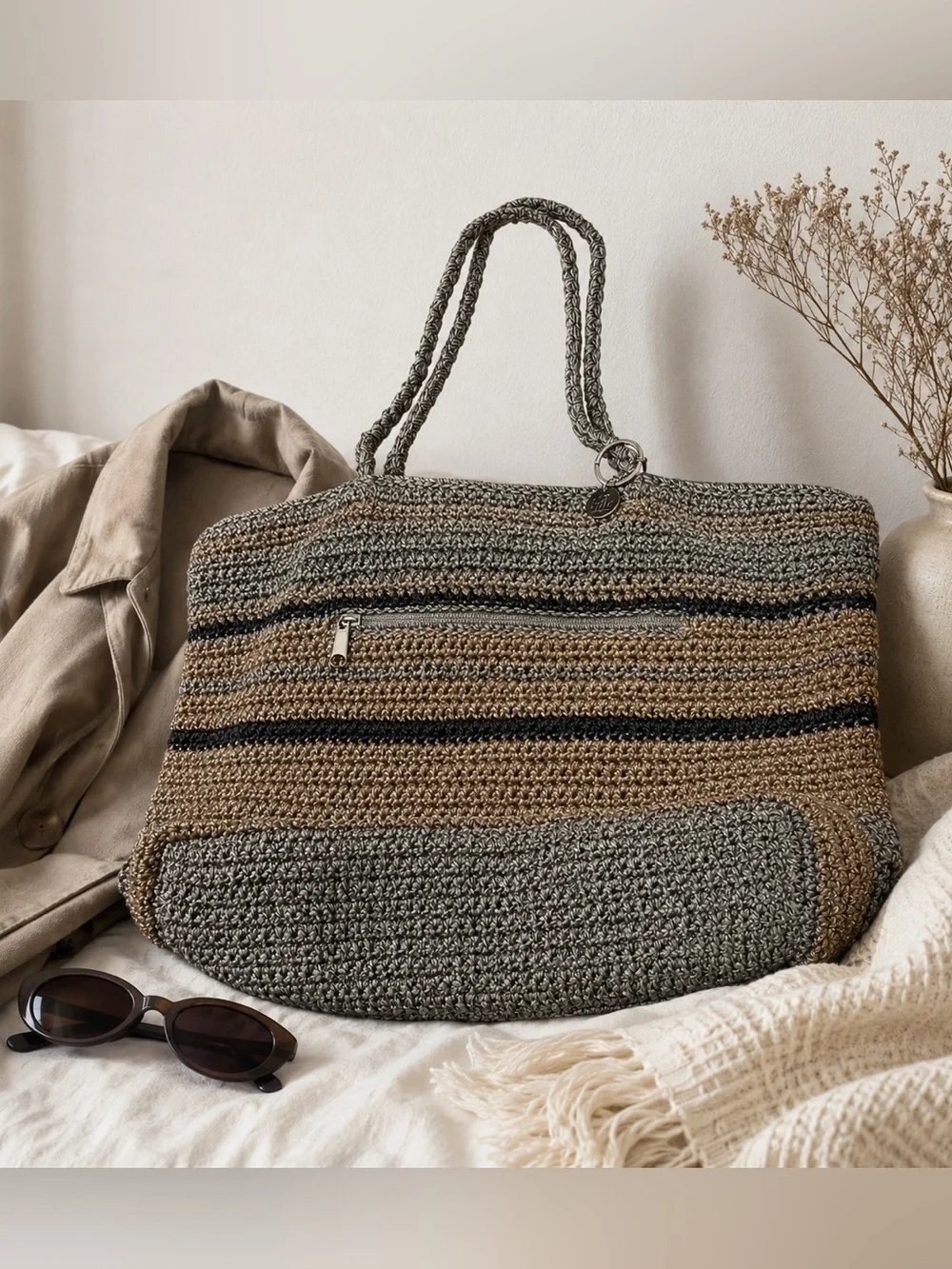 The Sak Crochet Shoulder Tote in Boho Coastal Nuetral Lined Zip Closure